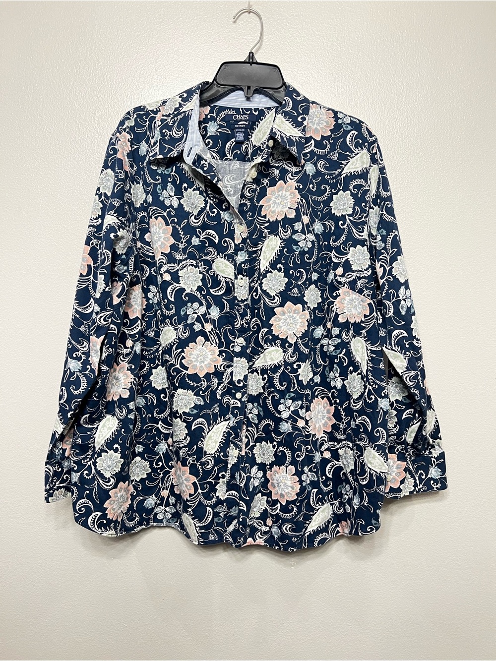 Chaps Navy Floral Print Collared Button-Up Shirt‎ Lightweight Coastal Paisley